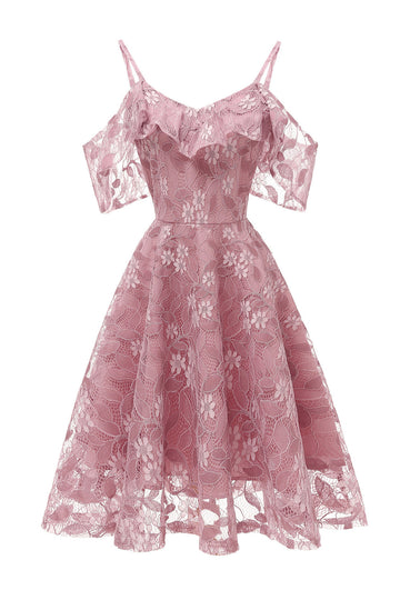 A Línea Fuera del Hombro Vestido Vintage de Encaje Rosa